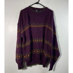 Mens Vintage Principles Knit Sweater L Acrylic‎ Burgundy Green Brown